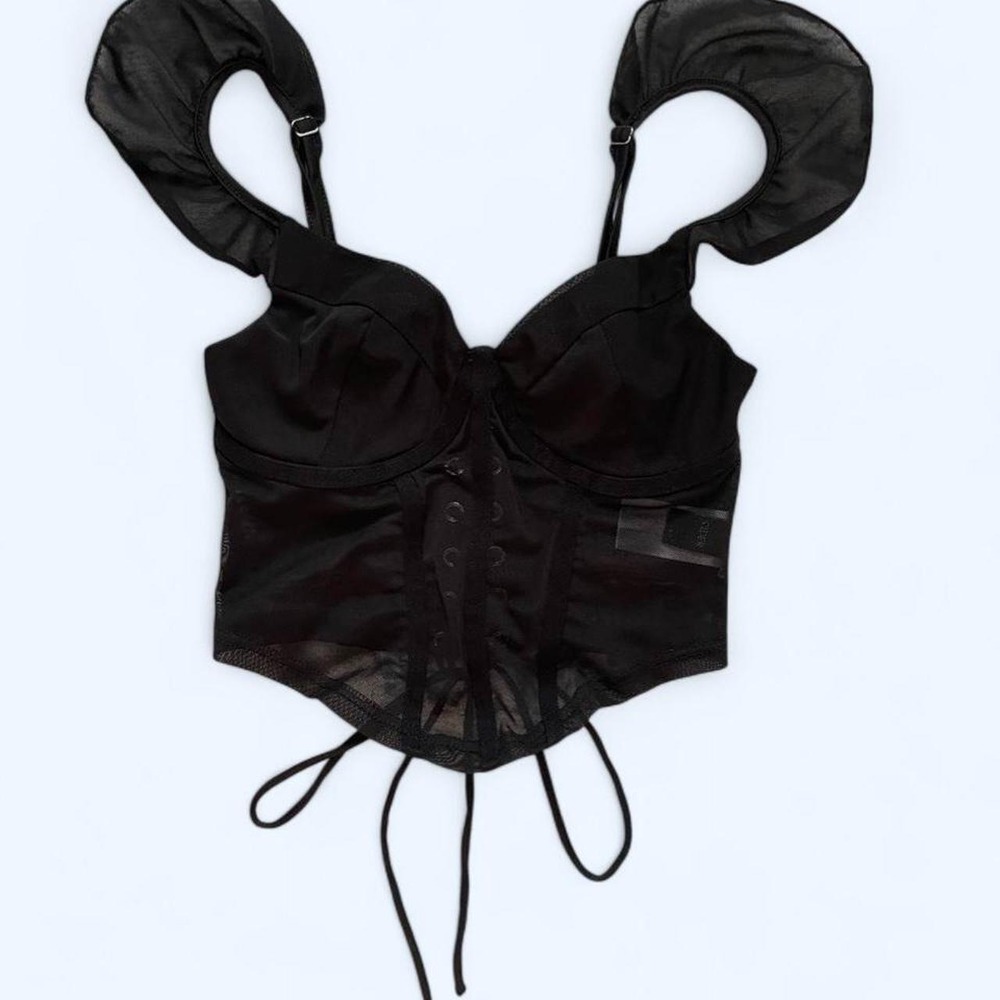 Black mesh corset top with ruffle straps and tie back size XS by Cider